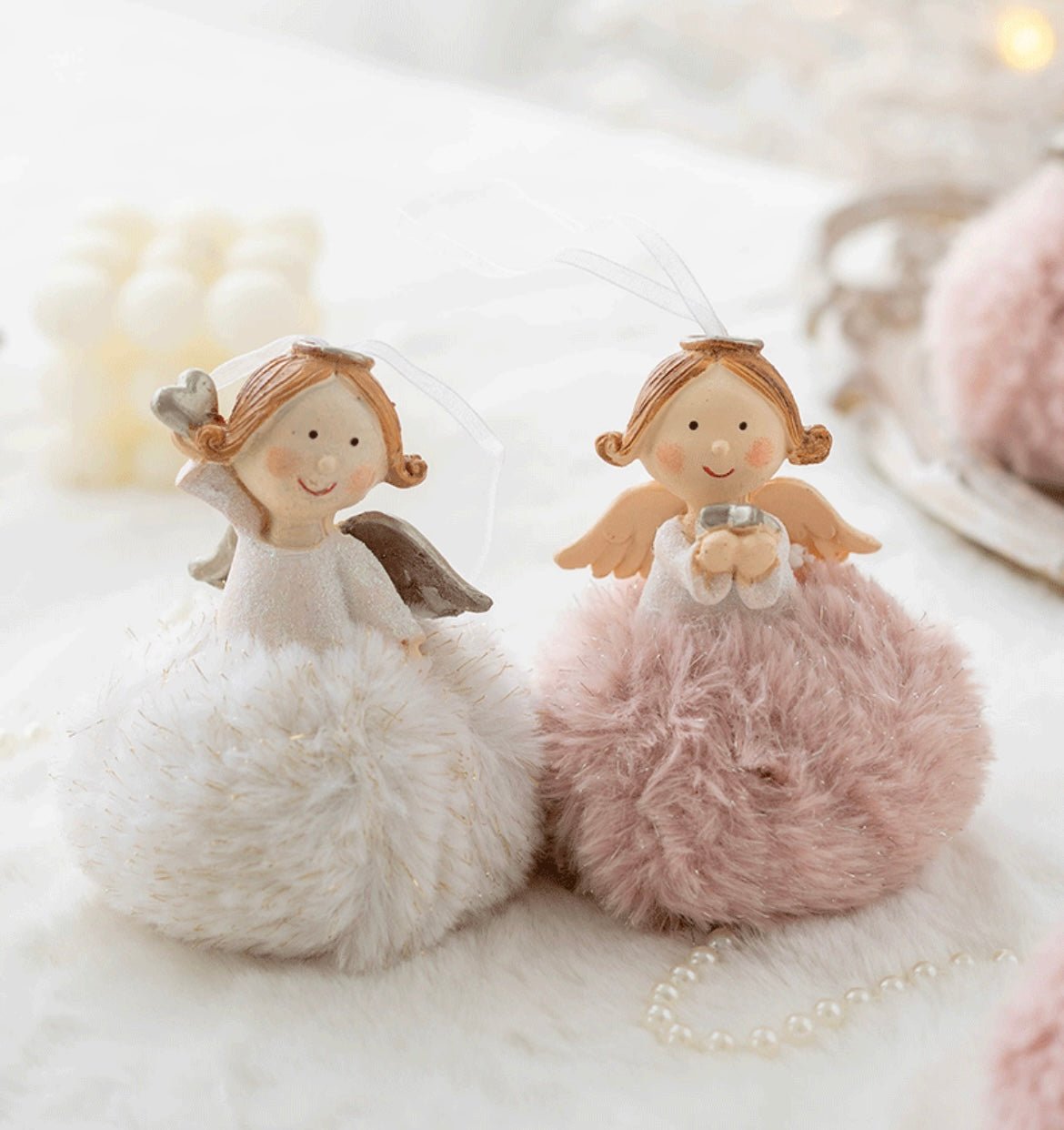 Handmade Christmas Tree Ornaments: Angelic Boys and Girls with Gypsum Bodies and Fuzzy Pom - Poms - Delightful Poses and Expressions. Add a Unique and Charming Touch to Your Holiday Decor. - Simplidecor