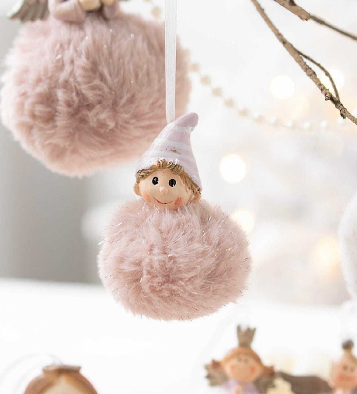 Handmade Christmas Tree Ornaments: Angelic Boys and Girls with Gypsum Bodies and Fuzzy Pom - Poms - Delightful Poses and Expressions. Add a Unique and Charming Touch to Your Holiday Decor. - Simplidecor