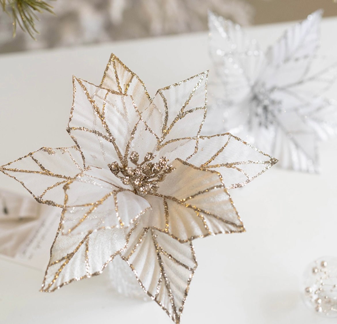 Handmade Sequin Satin Christmas Flower with Gold Trim – Elegant Tree, Table & Porch Decor for Festive Holidays - Simplidecor