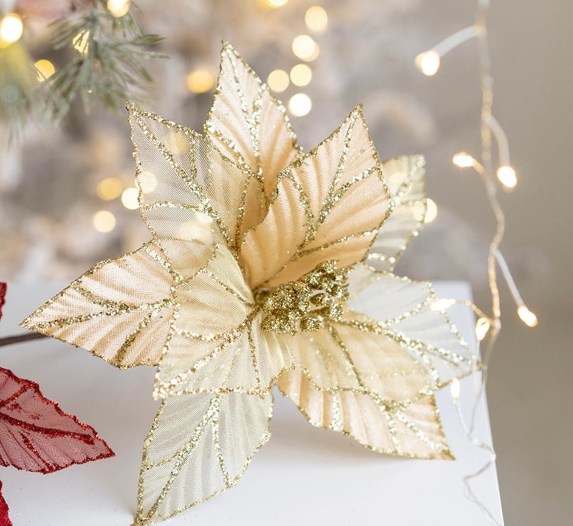Handmade Sequin Satin Christmas Flower with Gold Trim – Elegant Tree, Table & Porch Decor for Festive Holidays - Simplidecor