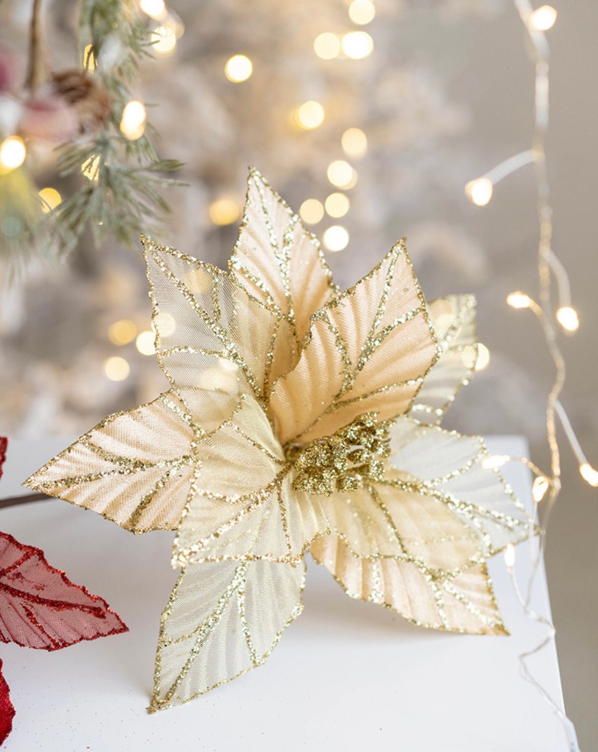 Handmade Sequin Satin Christmas Flower with Gold Trim – Elegant Tree, Table & Porch Decor for Festive Holidays - Simplidecor