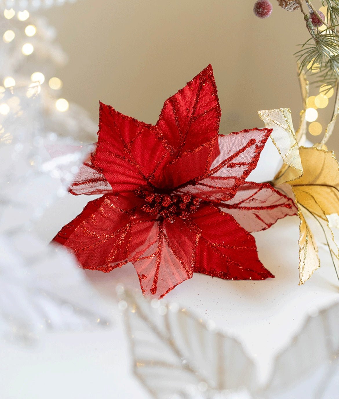 Handmade Sequin Satin Christmas Flower with Gold Trim – Elegant Tree, Table & Porch Decor for Festive Holidays - Simplidecor