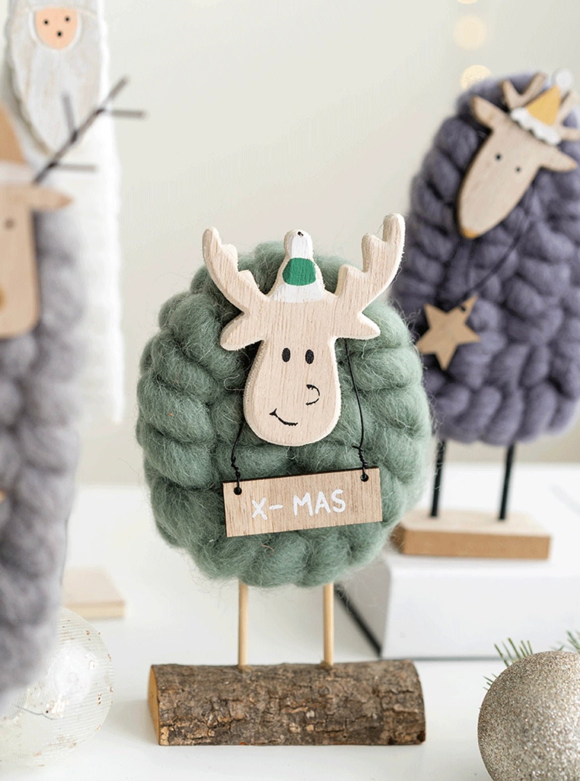 Handmade Wool and Wood Christmas Table Stand Decor - Festive Santa, Lamb, Snowman, Tree - Unique Holiday Gifts - Simplidecor