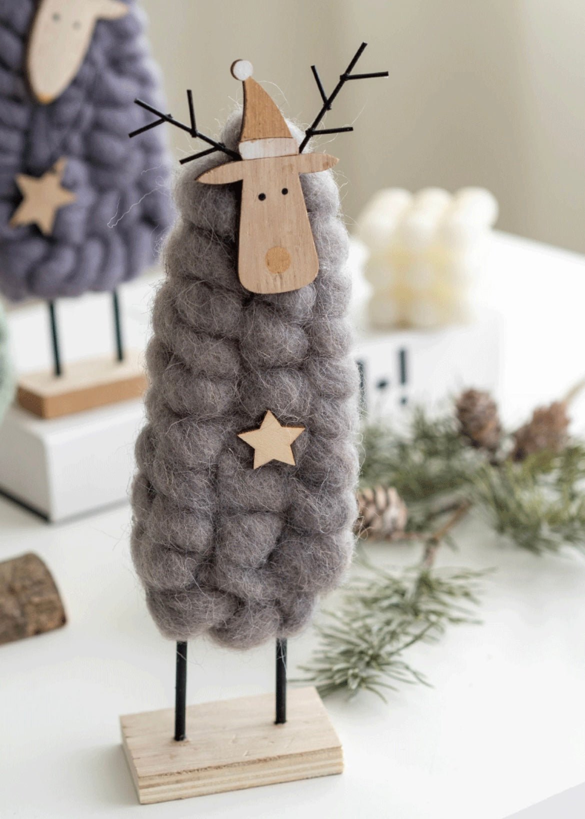 Handmade Wool and Wood Christmas Table Stand Decor - Festive Santa, Lamb, Snowman, Tree - Unique Holiday Gifts - Simplidecor