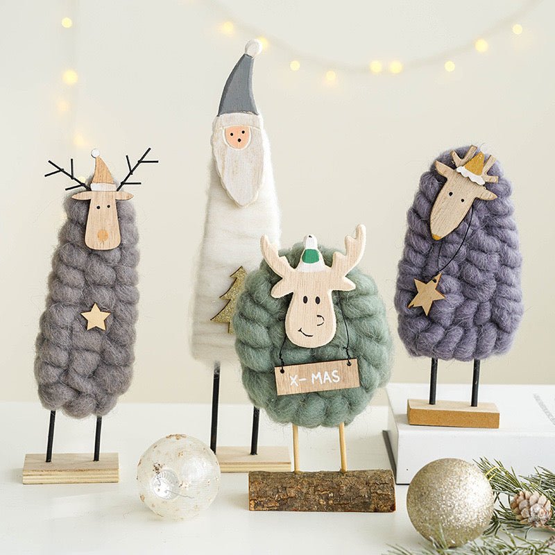 Handmade Wool and Wood Christmas Table Stand Decor - Festive Santa, Lamb, Snowman, Tree - Unique Holiday Gifts - Simplidecor