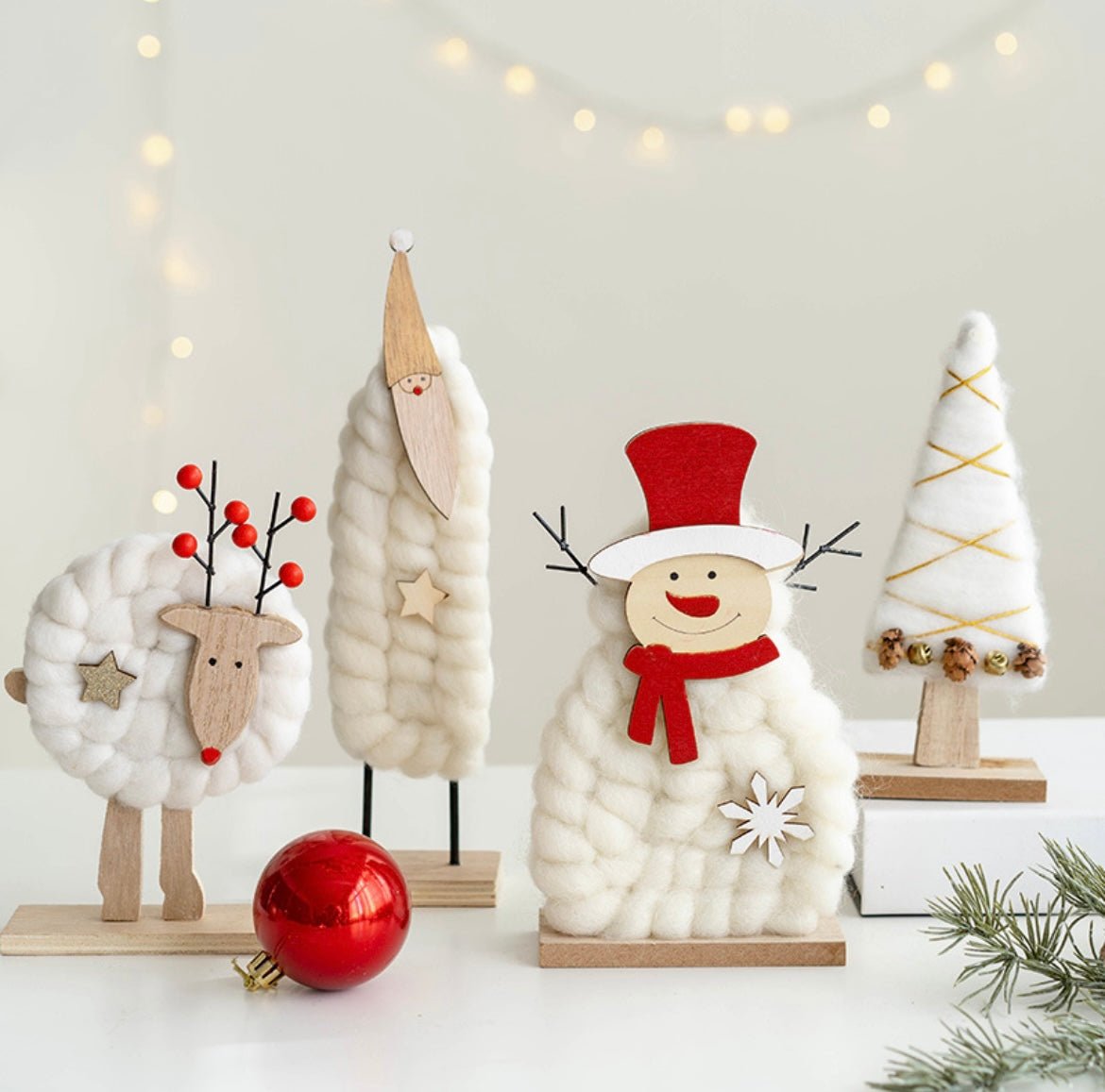 Handmade Wool and Wood Christmas Table Stand Decor - Festive Santa, Lamb, Snowman, Tree - Unique Holiday Gifts - Simplidecor