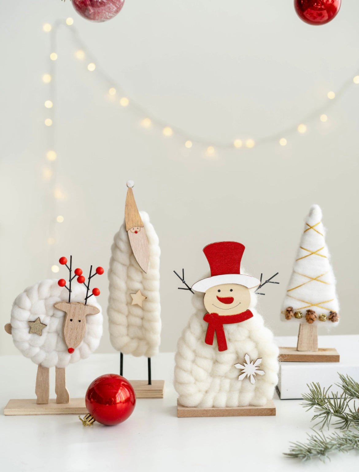 Handmade Wool and Wood Christmas Table Stand Decor - Festive Santa, Lamb, Snowman, Tree - Unique Holiday Gifts - Simplidecor