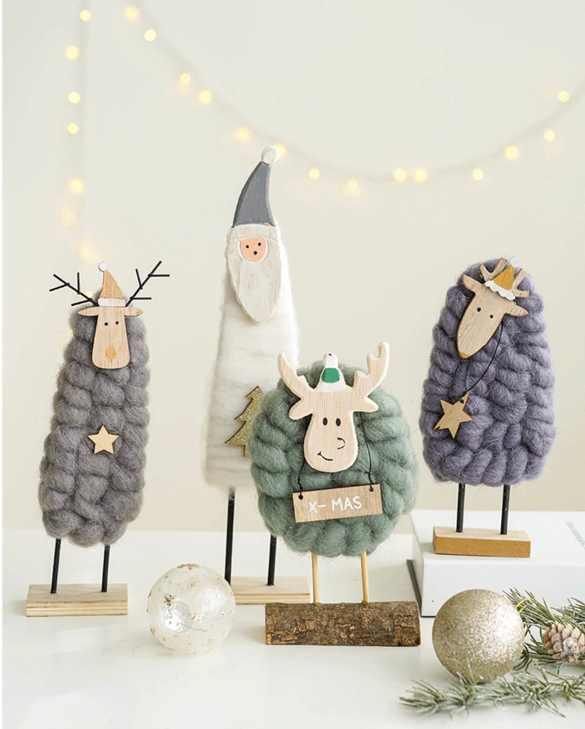 Handmade Wool and Wood Christmas Table Stand Decor - Festive Santa, Lamb, Snowman, Tree - Unique Holiday Gifts - Simplidecor