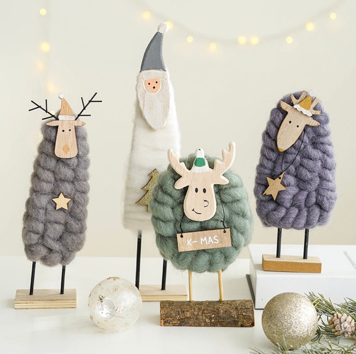 Handmade Wool and Wood Christmas Table Stand Decor - Festive Santa, Lamb, Snowman, Tree - Unique Holiday Gifts - Simplidecor