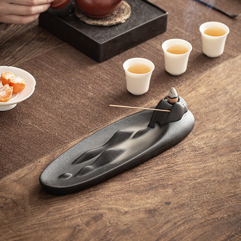 Mystical Tranquility: Black Ceramic Landscape Incense Holder – Perfect for Stick and Backflow Incense, an Artistic Home Accent and Thoughtful Gift - Simplidecor
