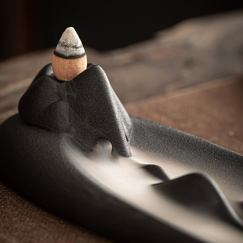 Mystical Tranquility: Black Ceramic Landscape Incense Holder – Perfect for Stick and Backflow Incense, an Artistic Home Accent and Thoughtful Gift - Simplidecor