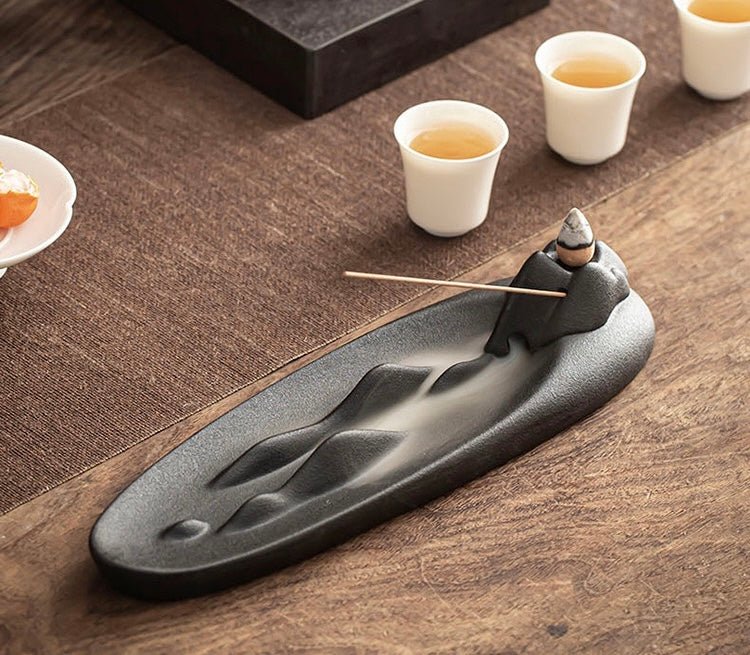 Mystical Tranquility: Black Ceramic Landscape Incense Holder – Perfect for Stick and Backflow Incense, an Artistic Home Accent and Thoughtful Gift - Simplidecor