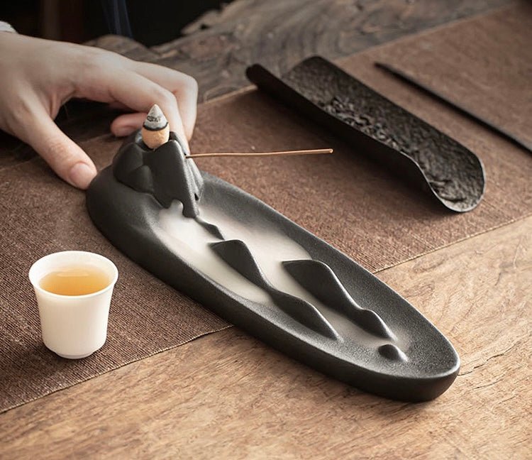 Mystical Tranquility: Black Ceramic Landscape Incense Holder – Perfect for Stick and Backflow Incense, an Artistic Home Accent and Thoughtful Gift - Simplidecor