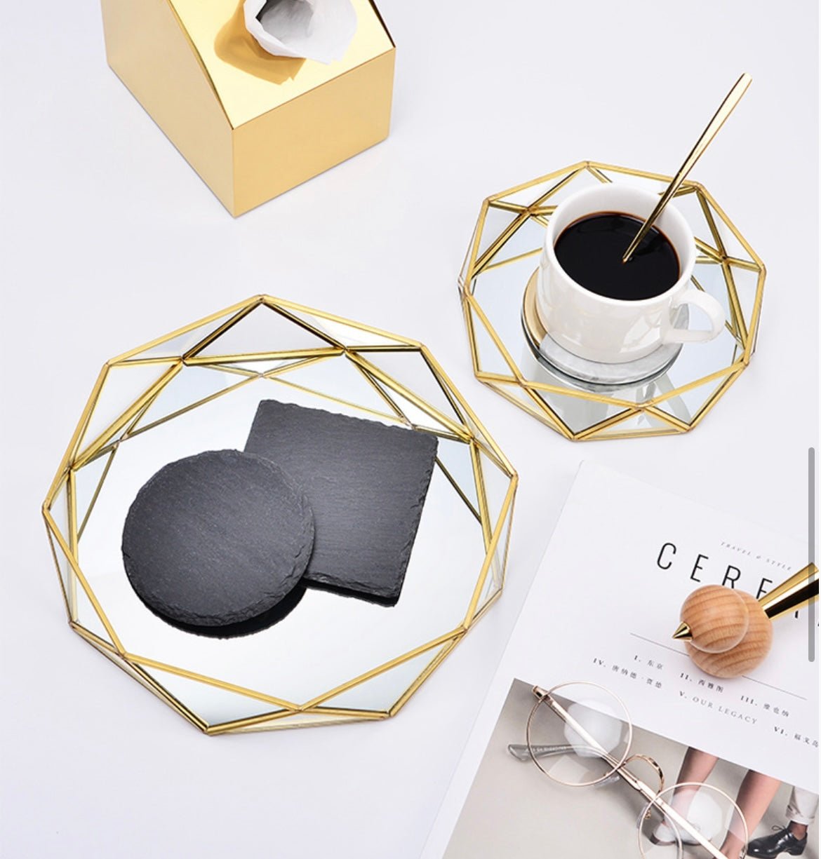 Sophisticated Glass and Gold Polygon Storage Tray: A Minimalist Statement for Modern Living - Simplidecor