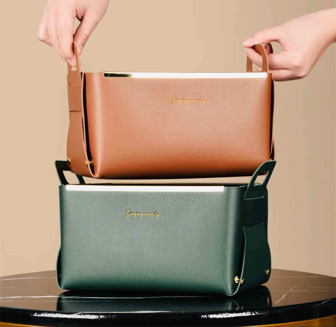 Sophisticated Storage: Leather and Steel Bin with Gold Frame – Stylish Organization for Every Space! - Simplidecor