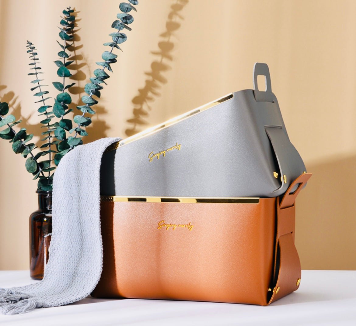 Sophisticated Storage: Leather and Steel Bin with Gold Frame – Stylish Organization for Every Space! - Simplidecor