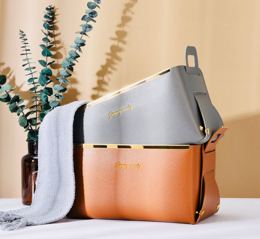 Sophisticated Storage: Leather and Steel Bin with Gold Frame – Stylish Organization for Every Space! - Simplidecor