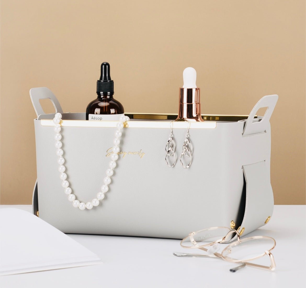 Sophisticated Storage: Leather and Steel Bin with Gold Frame – Stylish Organization for Every Space! - Simplidecor