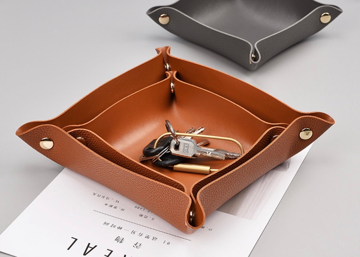 Stylish Desktop Organizer Box: Leather Exterior, Gold Clasp, Perfect for Home Office Storage and a Thoughtful Gift for Him - Simplidecor
