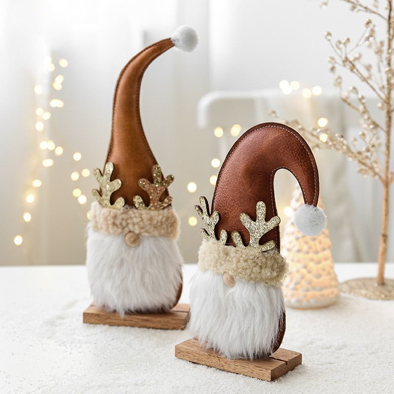 Unique Leather Gnome Christmas Decor: Upright and Crooked Hat Designs for Cheerful Holiday Scenes and Joyful Gift - Giving - Simplidecor