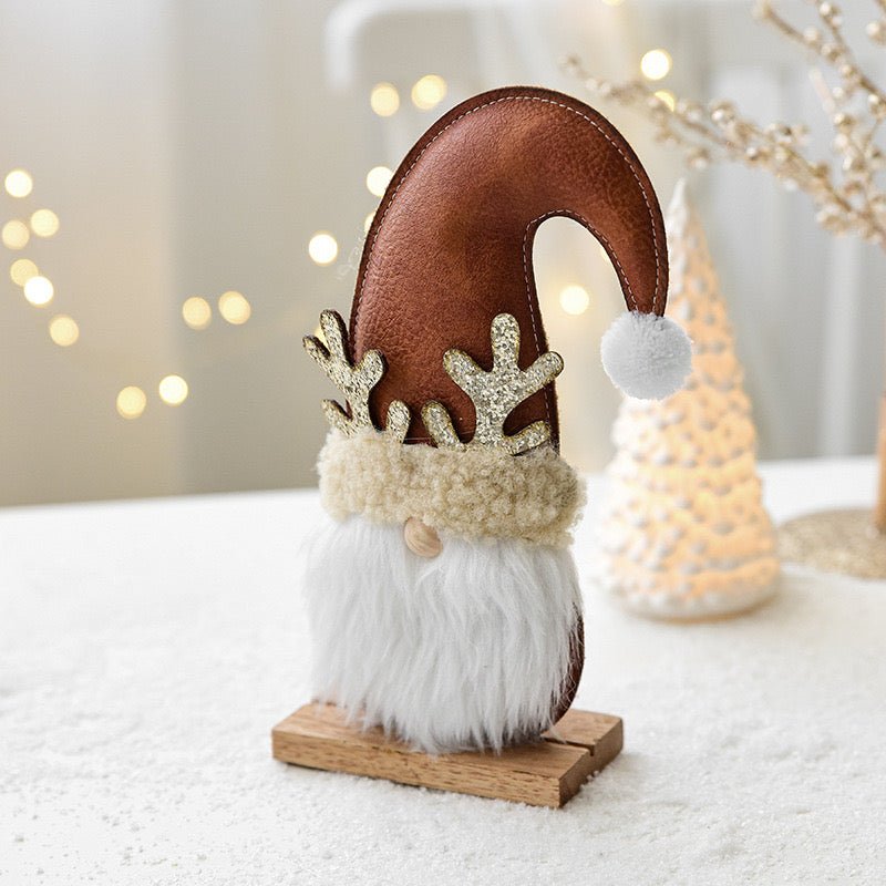 Unique Leather Gnome Christmas Decor: Upright and Crooked Hat Designs for Cheerful Holiday Scenes and Joyful Gift - Giving - Simplidecor
