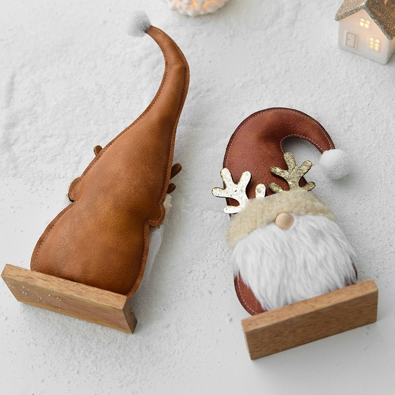 Unique Leather Gnome Christmas Decor: Upright and Crooked Hat Designs for Cheerful Holiday Scenes and Joyful Gift - Giving - Simplidecor